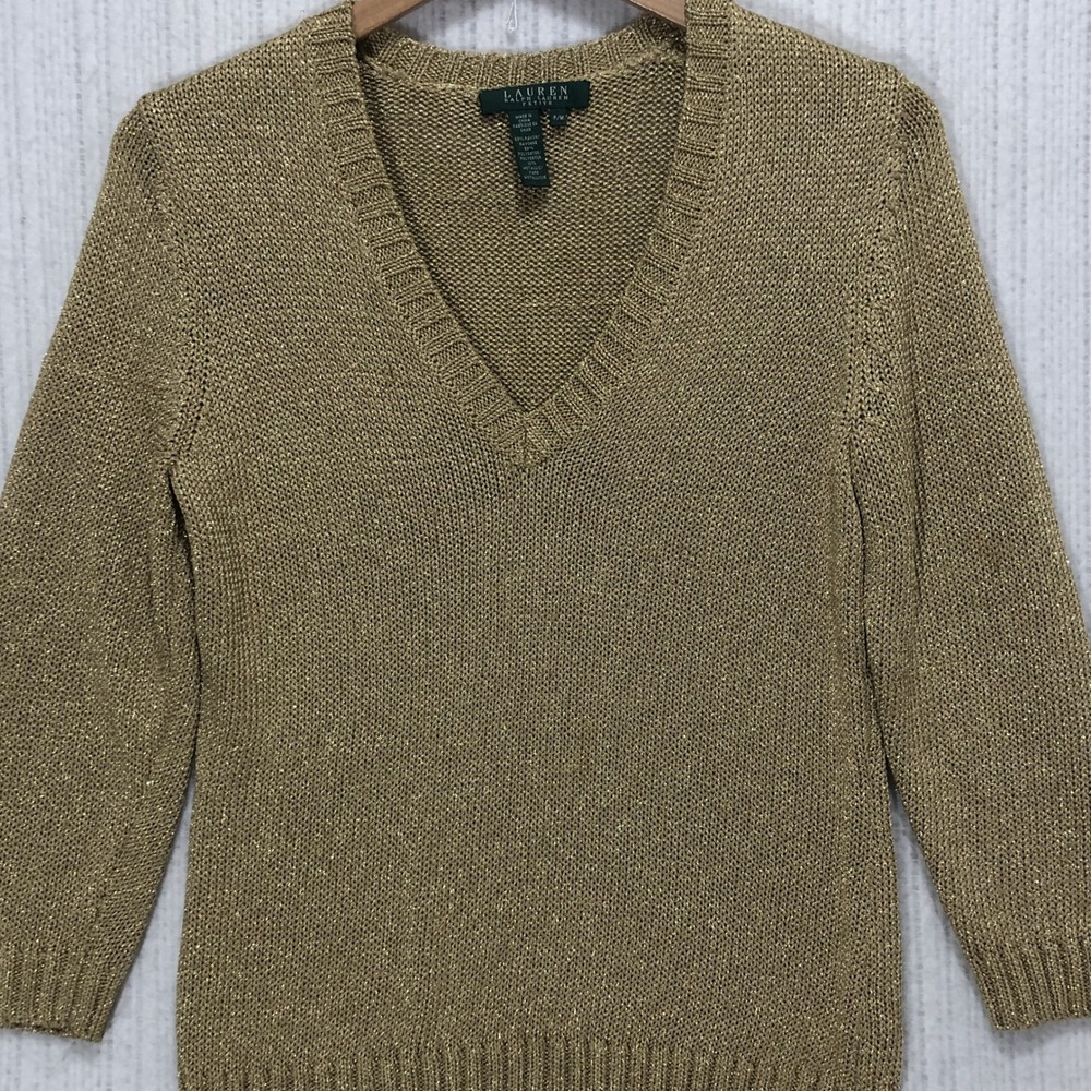 Lauren Ralph Lauren Petite Gold Metallic V-Neck Sweater 3/4 Sleeve PM